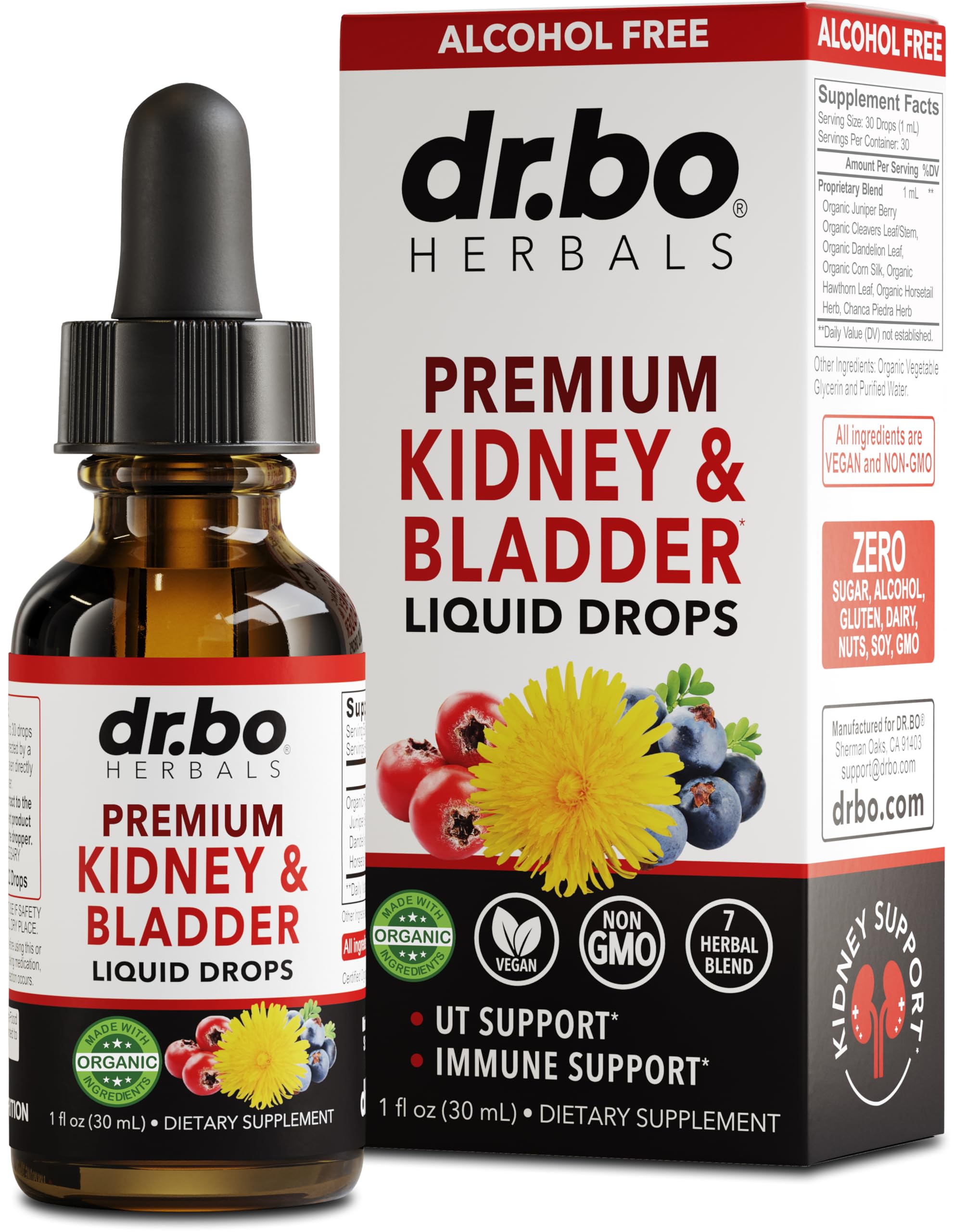 DR. BO Kidney Support Drops bottle shows herbal blend for urinary health.