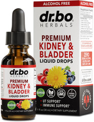 DR. BO Kidney Support Drops bottle shows herbal blend for urinary health.