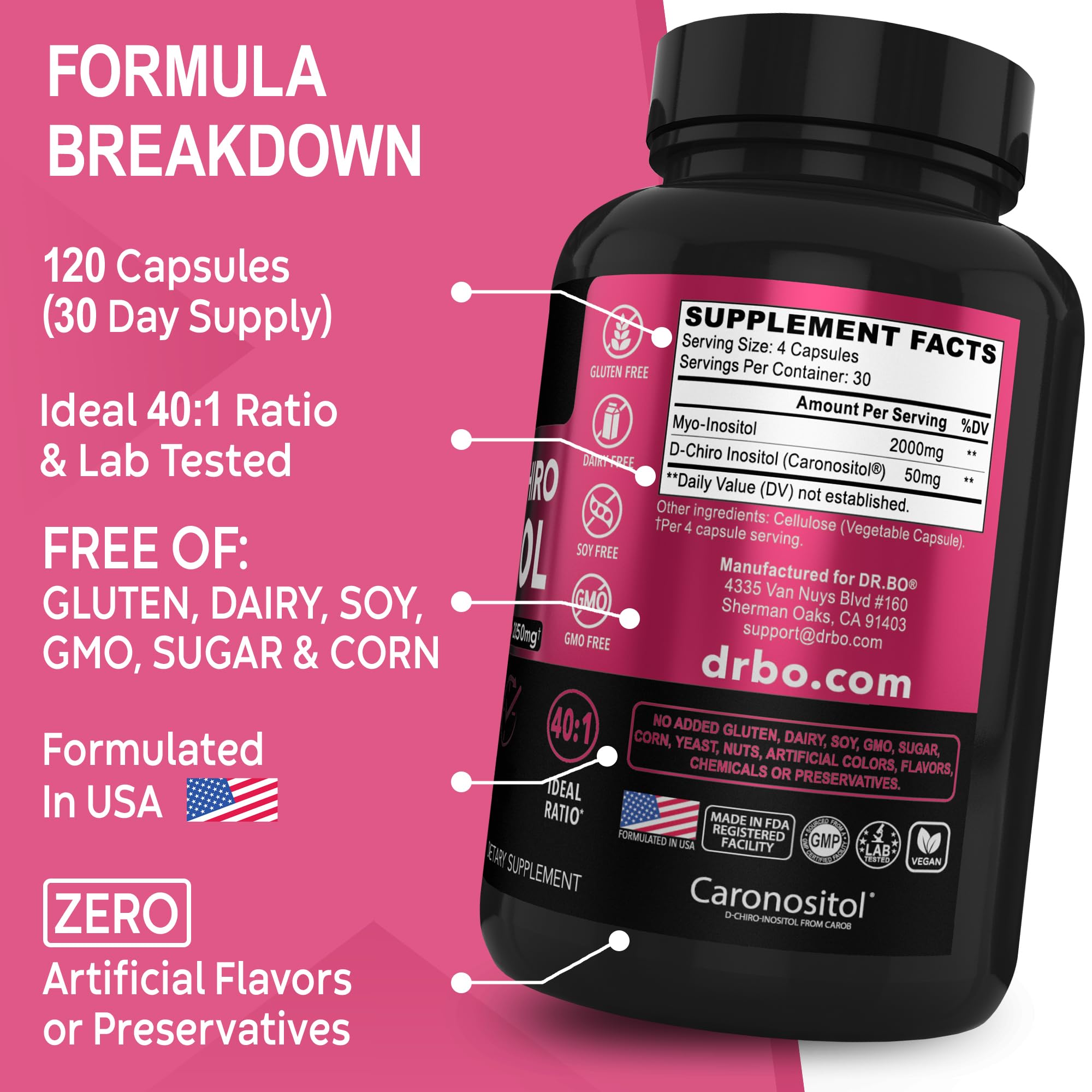 Top view of open DR. BO bottle with capsules showing measured servings benefit simplicity