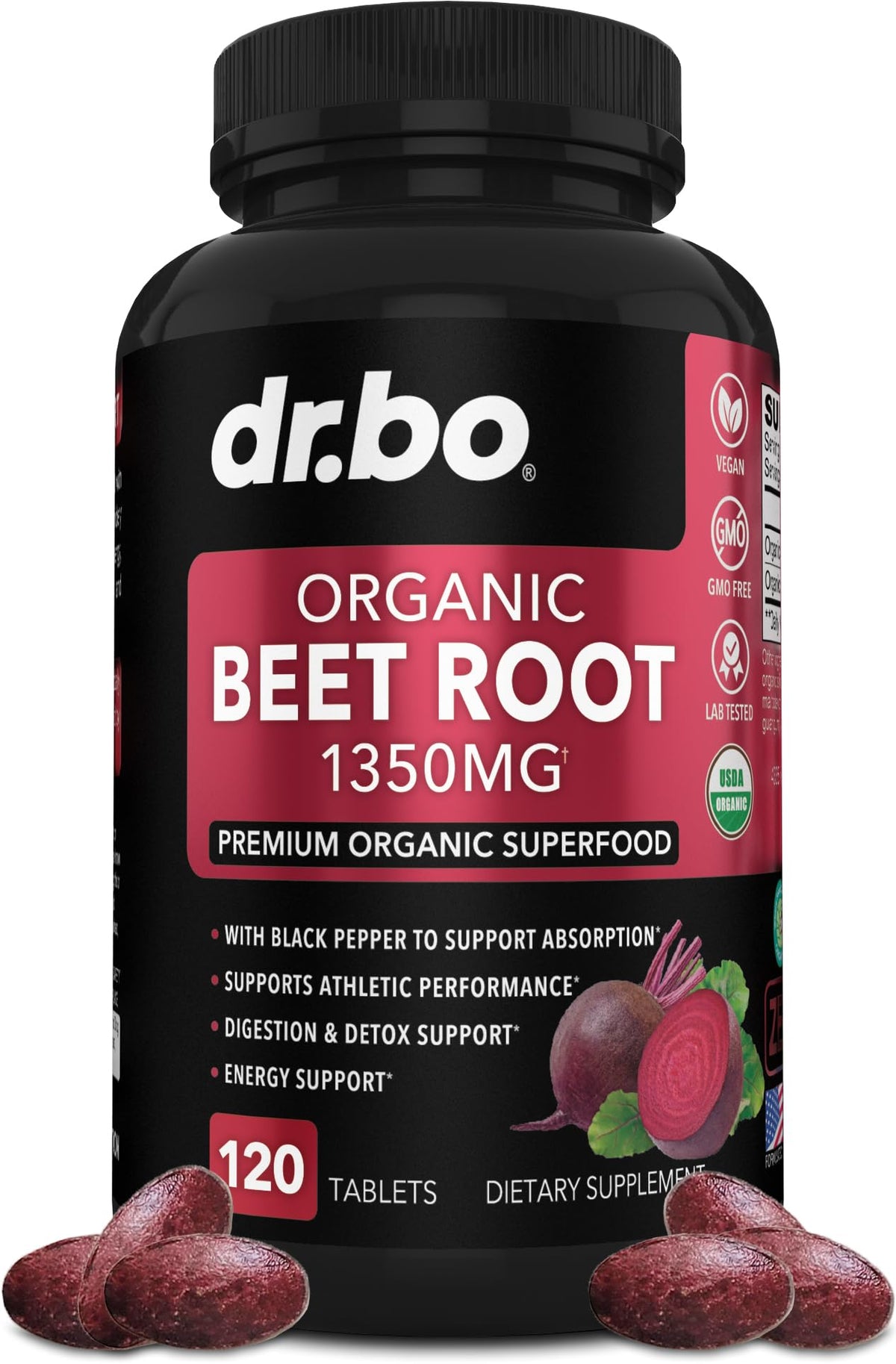 DR. BO organic beet root capsules bottle for convenient daily support of energy and circulation.