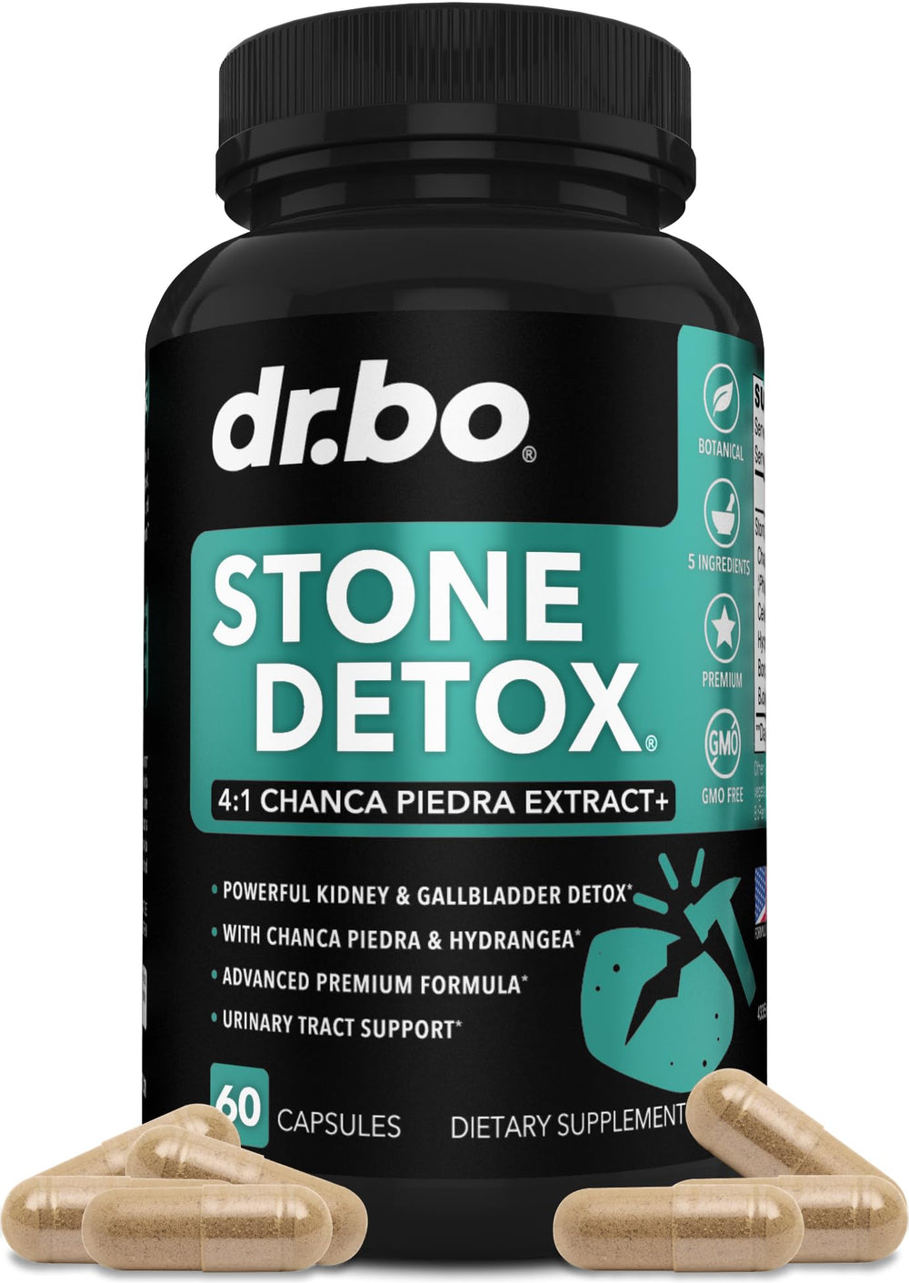 DR. BO Stone Breaker bottle front showing daily detox in a clean setting.