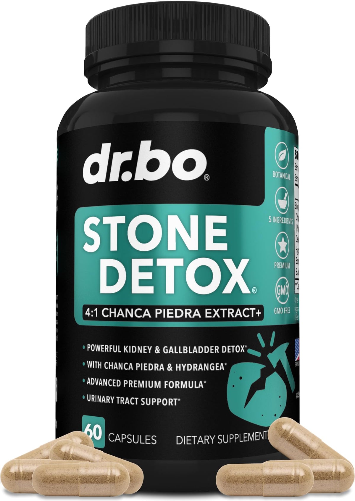 DR. BO Stone Breaker bottle front showing daily detox in a clean setting.
