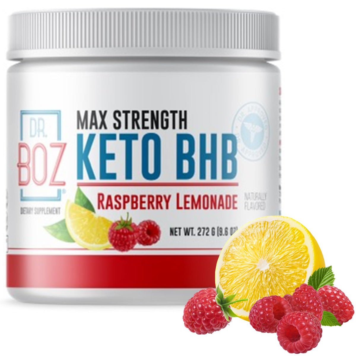 Dr. Boz Keto BHB Powder Raspberry Lemonade canister with scoop