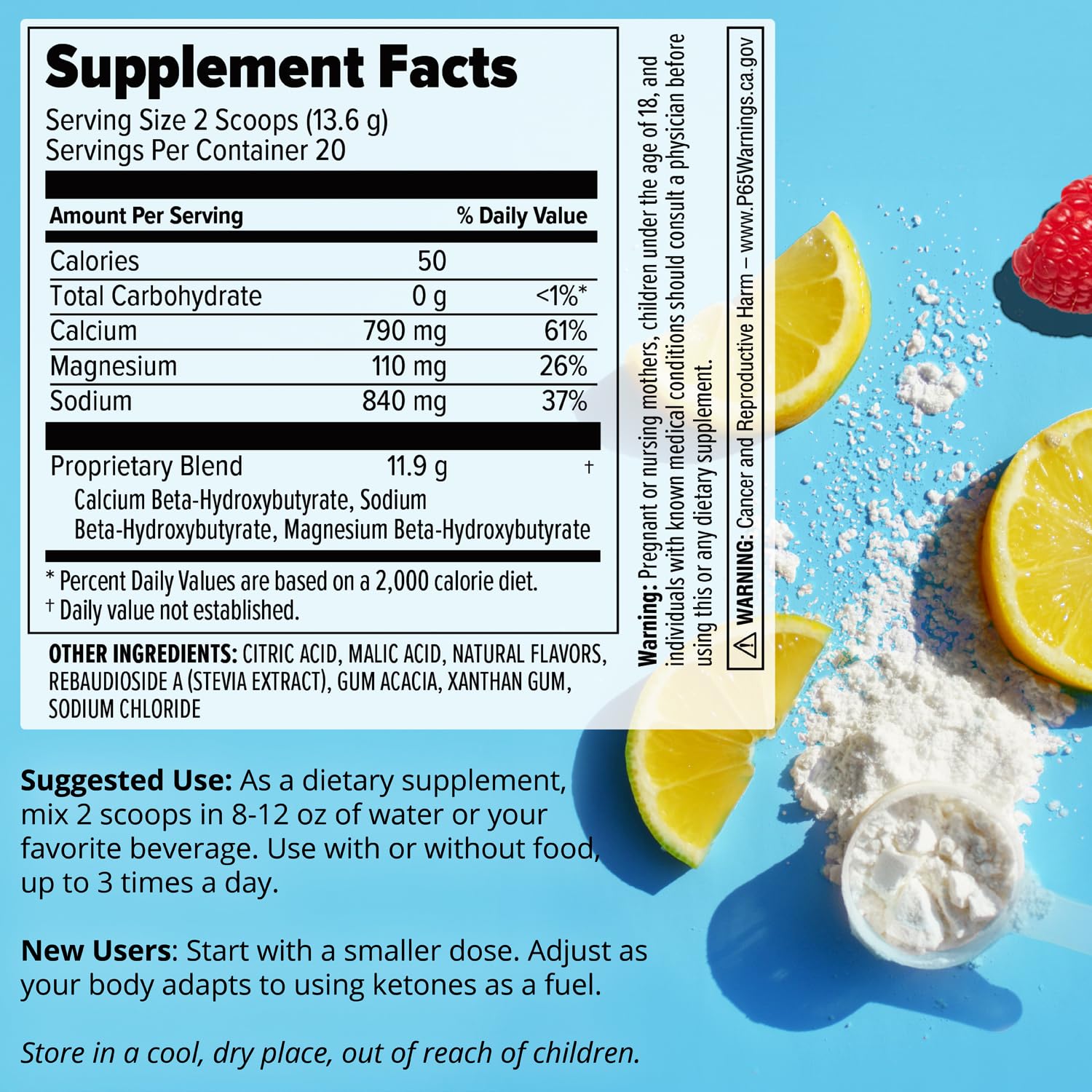 Keto BHB Raspberry Lemonade packaging showing 20 servings