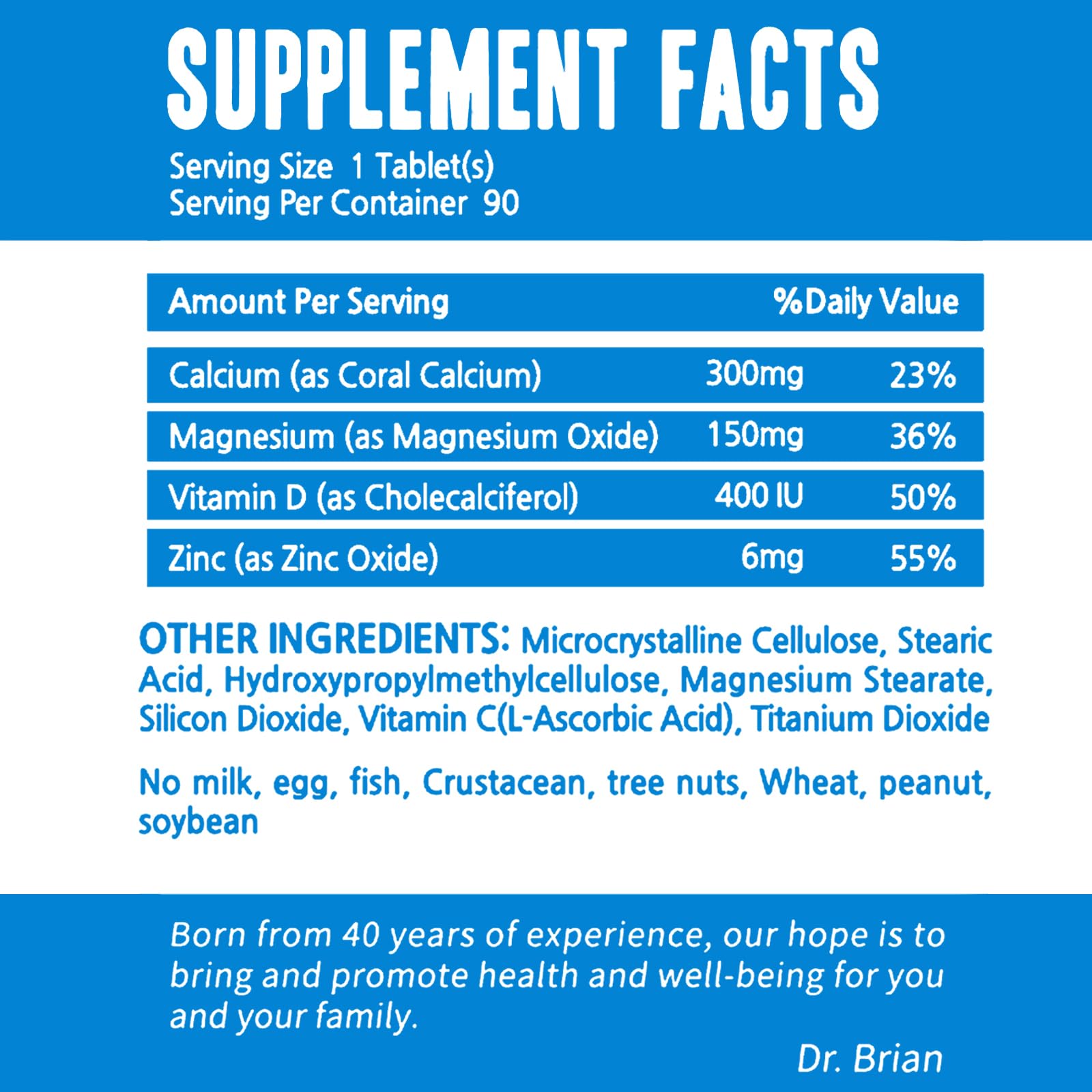 Back of bottle showing nutrition facts for Dr. Brian Calcium Supplement