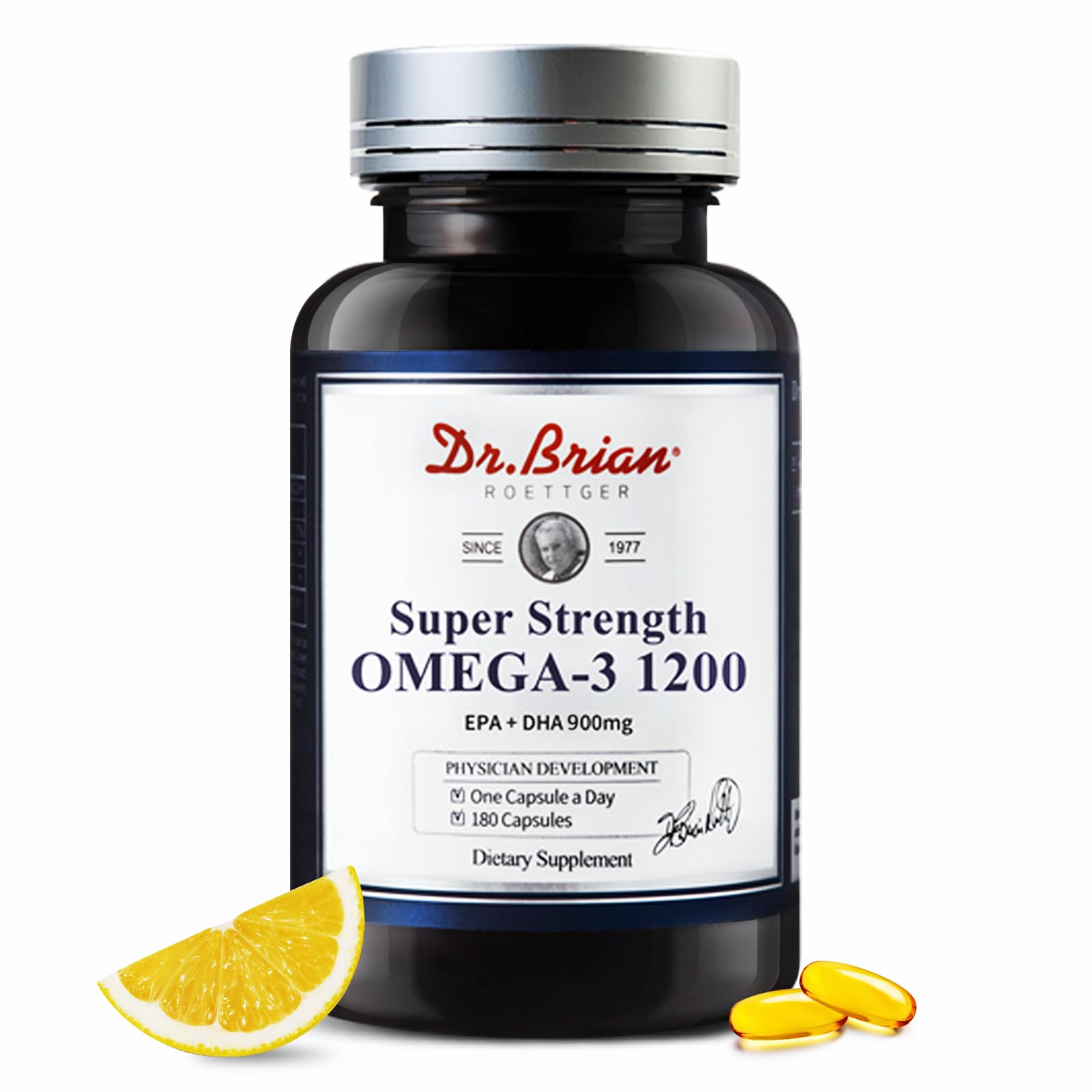 Dr. Brian Omega-3 Fish Oil bottle with lemon flavor and 180 softgels