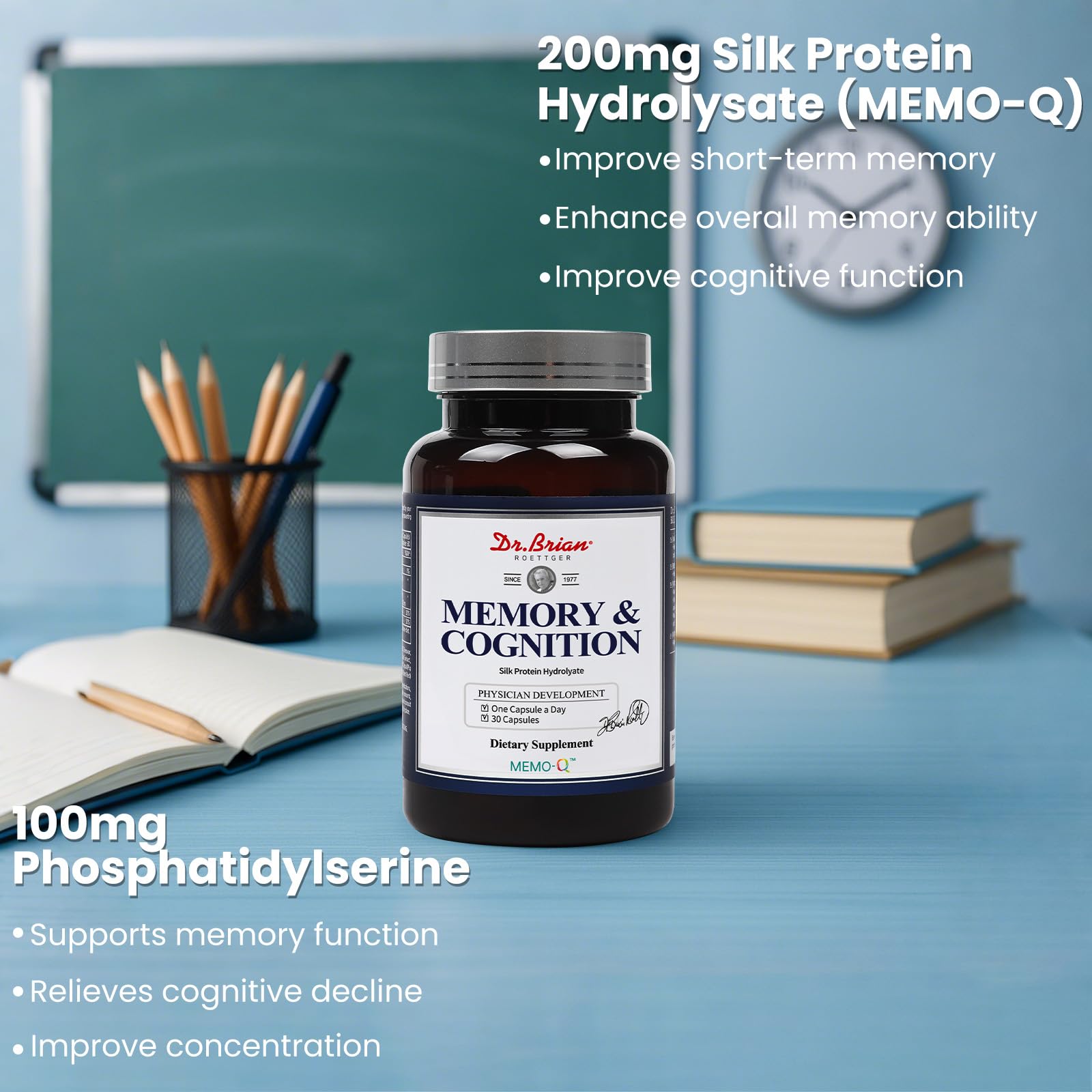 Front view of the product alongside a glass of water for daily use