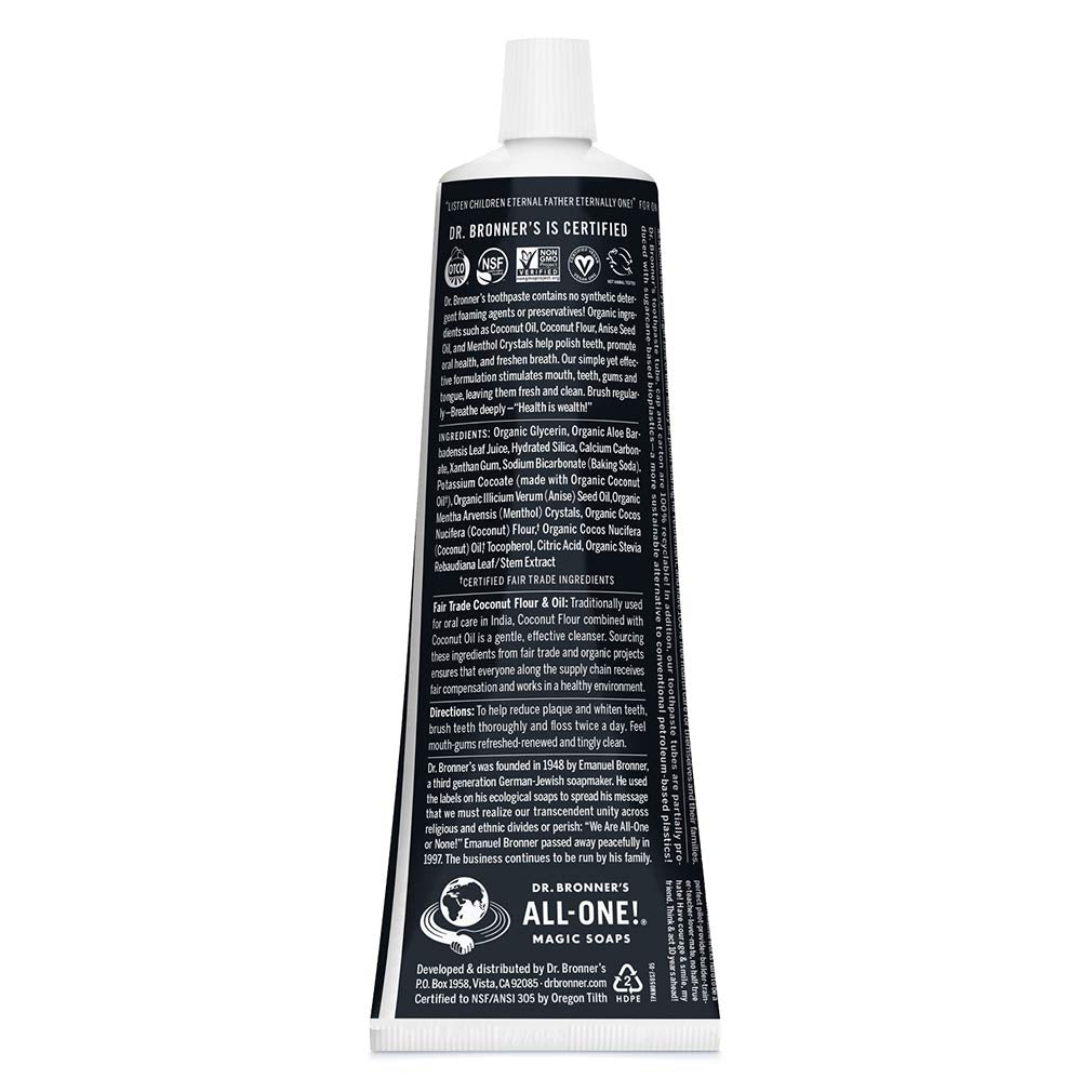 Packaging showing three tubes of Dr. Bronner's All-One Toothpaste Anise 5 oz