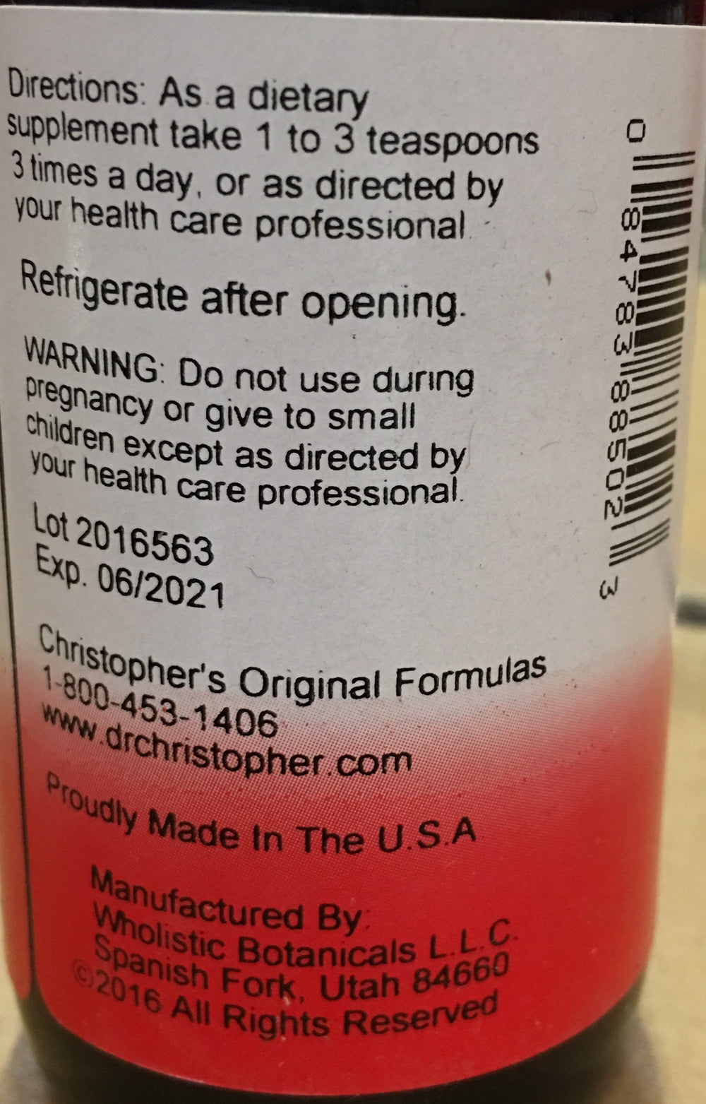Ingredients label for Dr. Christopher's Bloodstream Cleanse Syrup