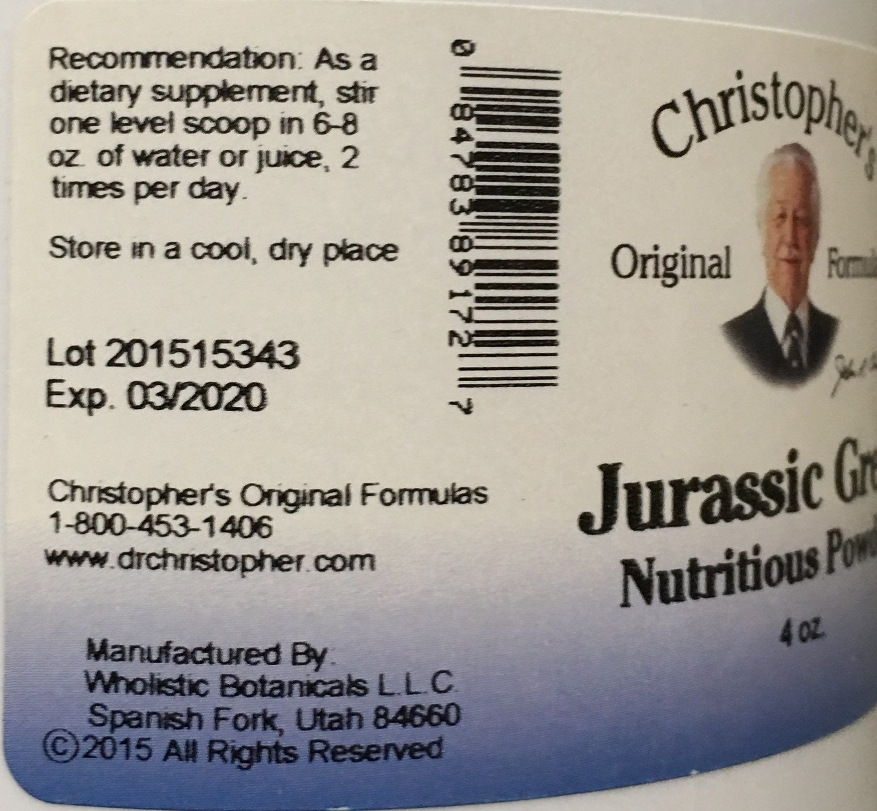 Label for Dr. Christopher's Nourish Jurassic Green Powder showing ingredients and organic certification