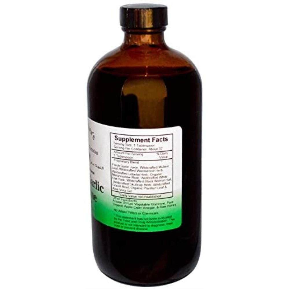 Close-up of Dr. Christopher's Super Garlic Immune Syrup bottle with herbal ingredients