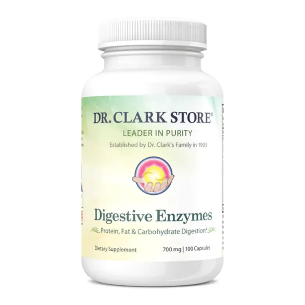 Bottle and packaging of Dr. Clark Digestive Enzymes 700mg, 100 capsules