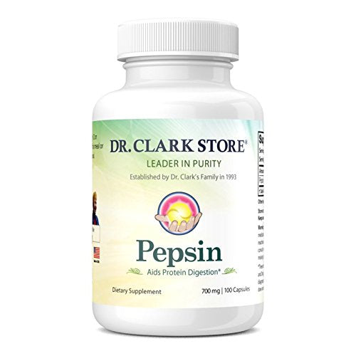Front view of Dr. Clark Pepsin Supplement bottle with 700mg capsules