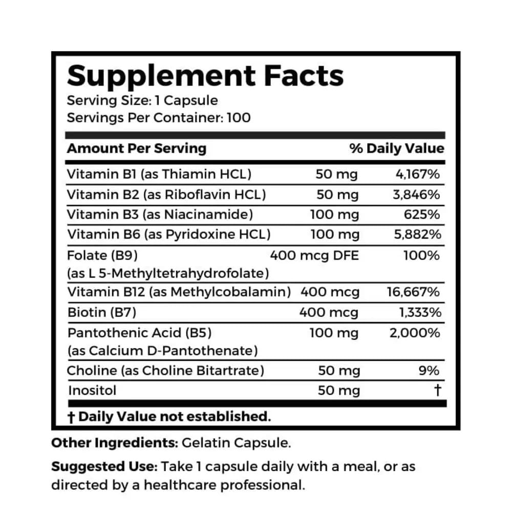 Nutrition information panel for B Vitamin Complex SuperB100