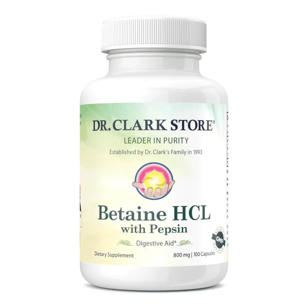 Dr Clark Store Betaine HCL bottle with capsules for digestion support