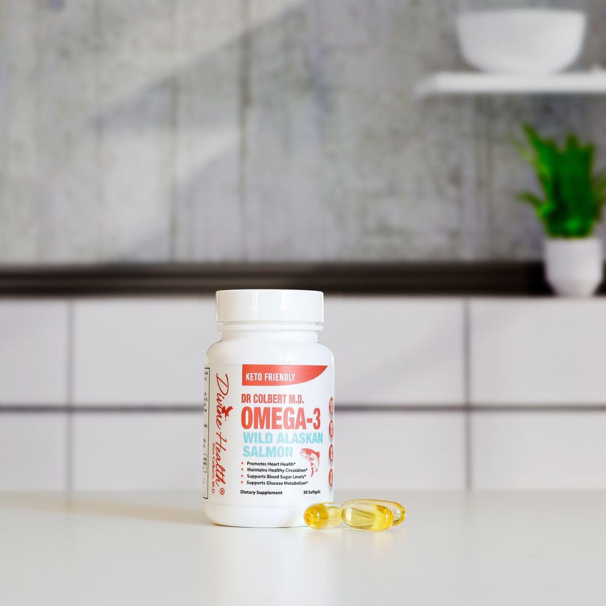 Close-up of salmon oil capsules showing DHA and EPA