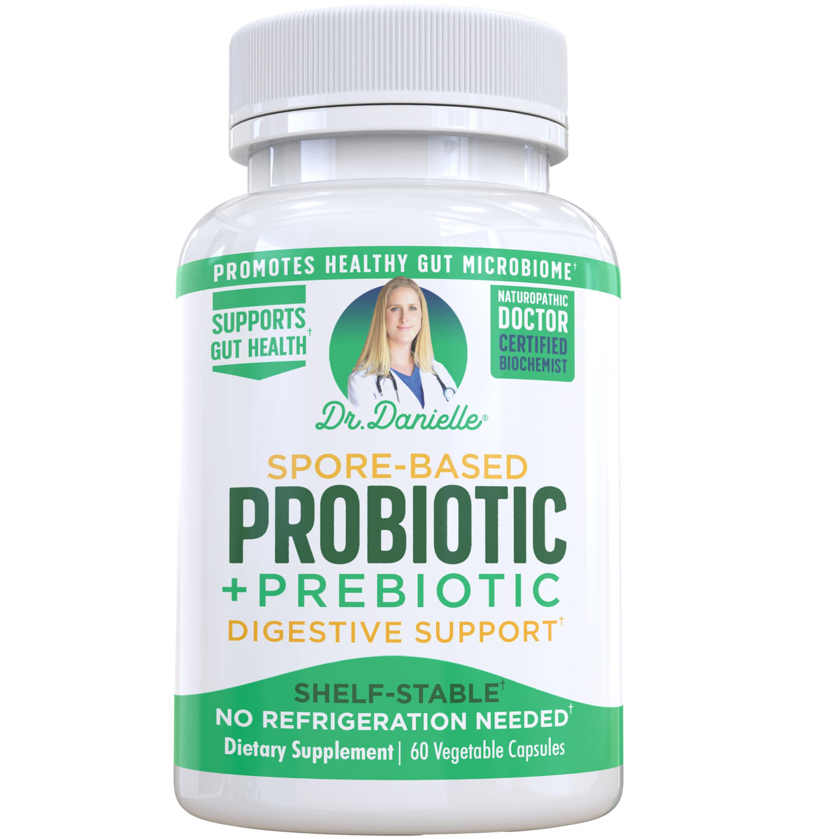 Bottle of Dr. Danielle Probiotic with 60 capsules, shelf-stable