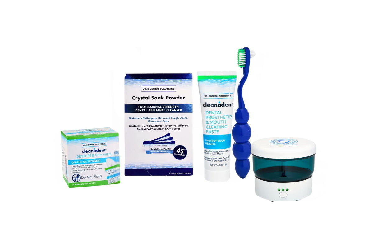 Front view of Dr. Dental Solutions Complete Denture Care Kit with Ultrasonic Cleaner and Powdered Crystal Soak