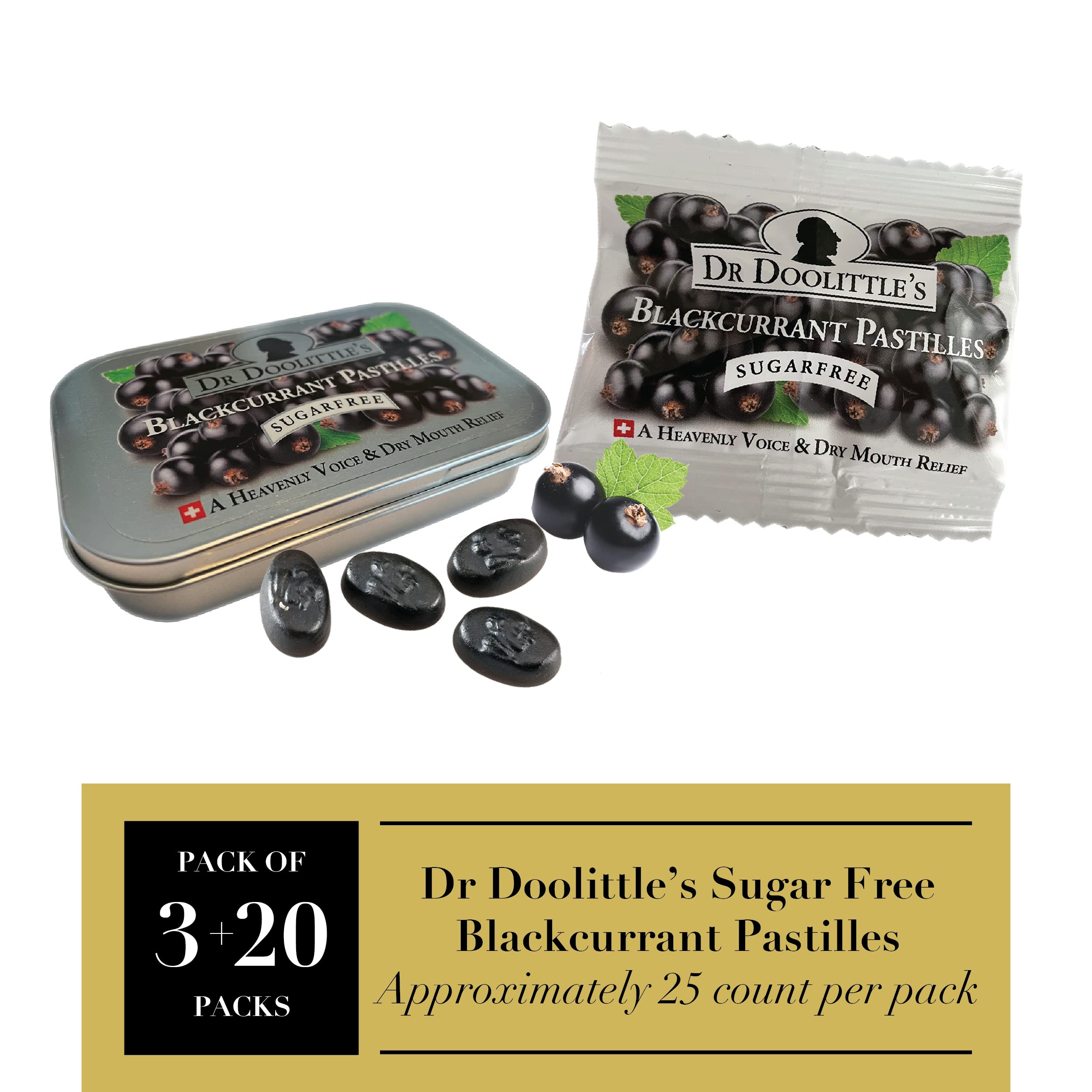 Blackcurrant pastilles multipack 3 tins packaging