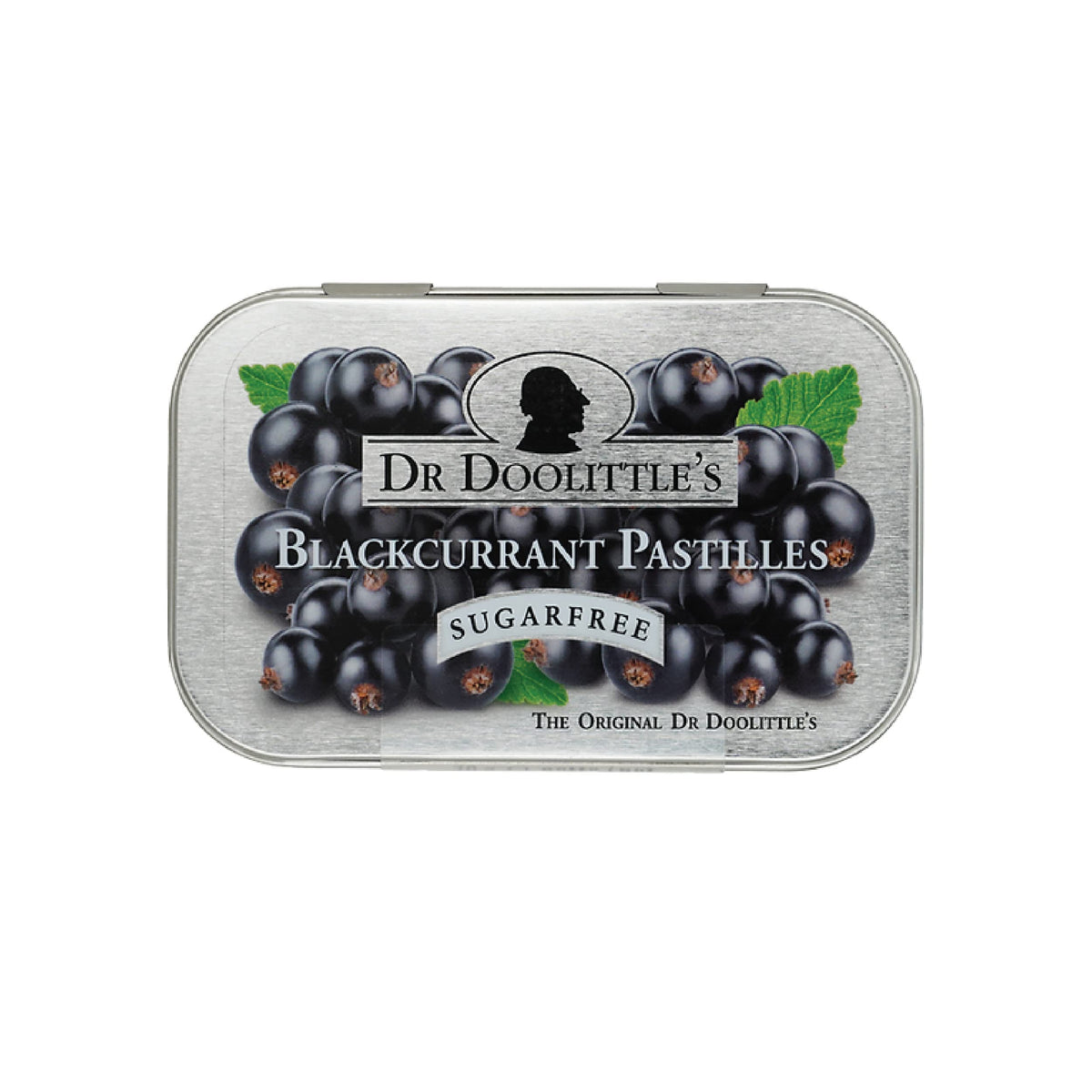 Dr. Doolittle’s Blackcurrant Pastilles in a 2.12 oz metal tin.