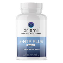 Product bottle of DR. EMIL Nutrition 200 mg 5-HTP Plus with SAM-e, 60 vegan capsules