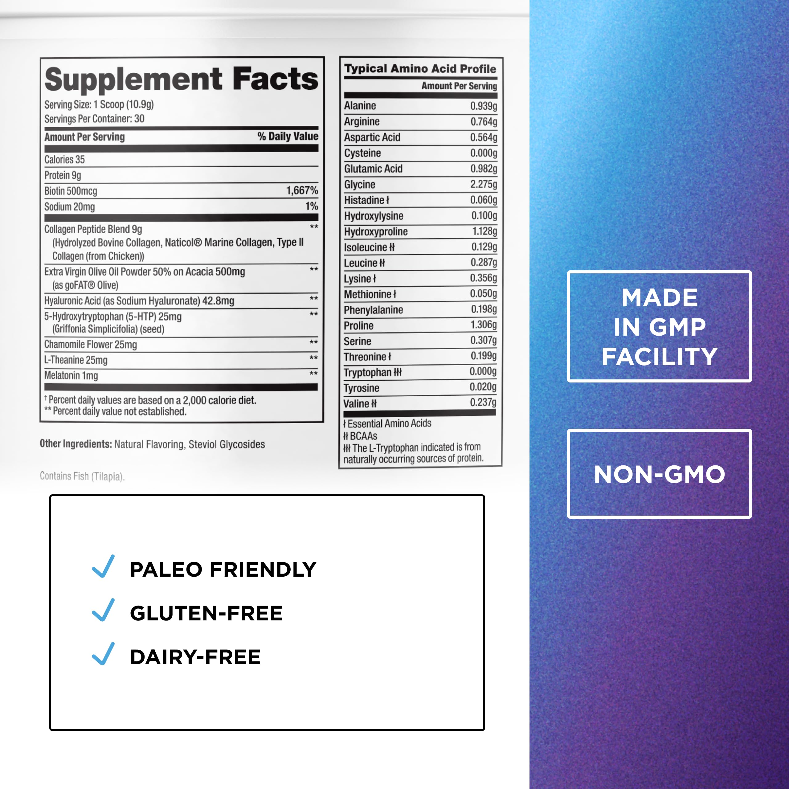 Collagen powder with imagery highlighting hair, skin, and nails benefits