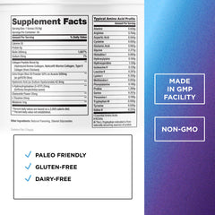 Collagen powder with imagery highlighting hair, skin, and nails benefits