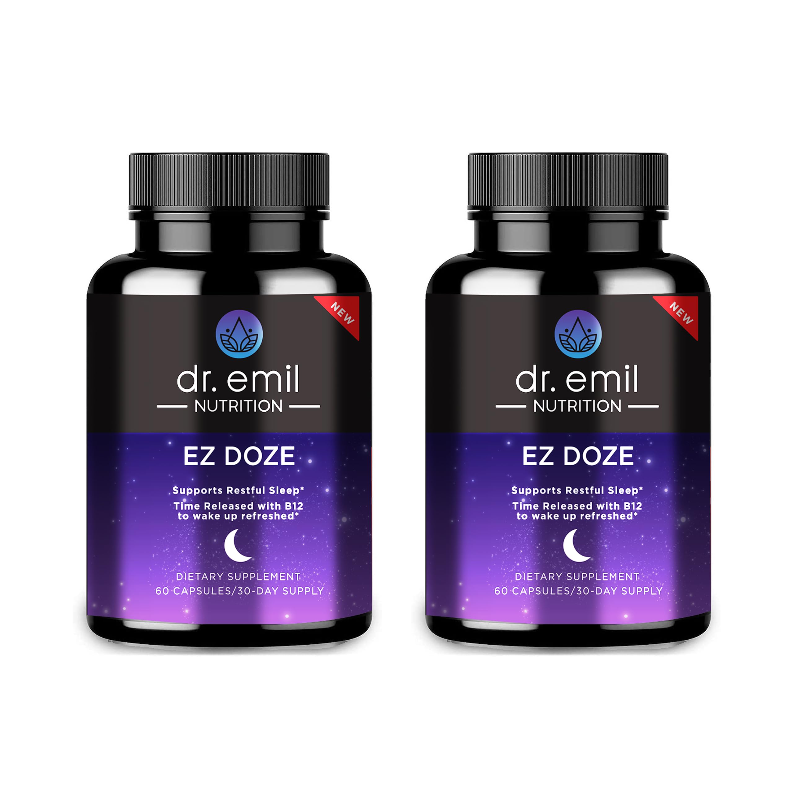 Front view of DR. EMIL Nutrition EZ Doze vegan sleep aid bottle with 60 veggie capsules, pack of 2