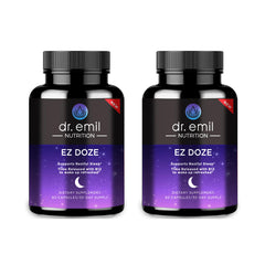 Front view of DR. EMIL Nutrition EZ Doze vegan sleep aid bottle with 60 veggie capsules, pack of 2