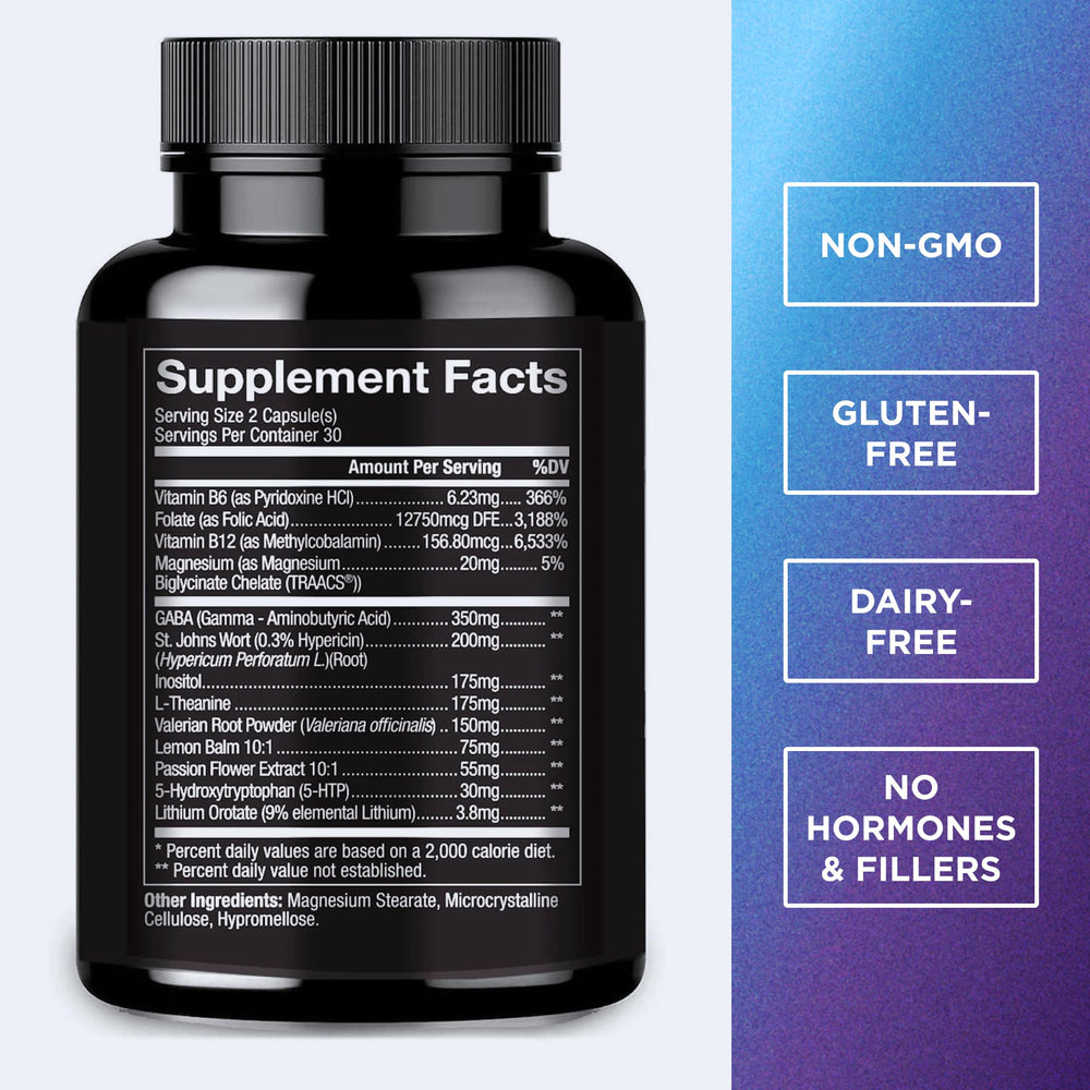 Close-up of EZ Doze bottle label highlighting valerian, GABA & 5-HTP