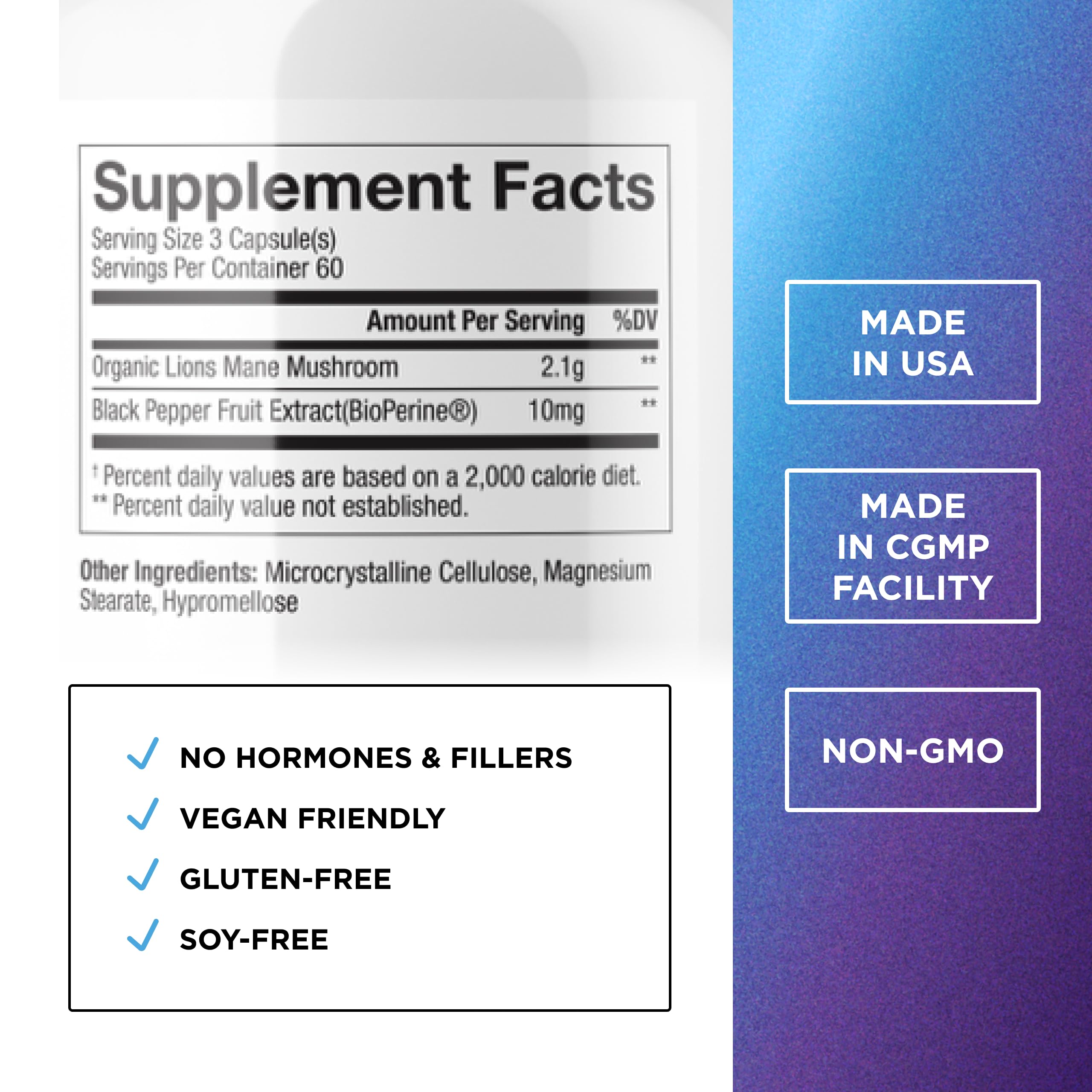 Back label of Dr. Emil Nutrition Lion's Mane bottle with ingredients