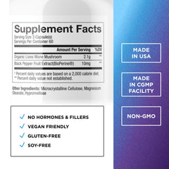 Back label of Dr. Emil Nutrition Lion's Mane bottle with ingredients