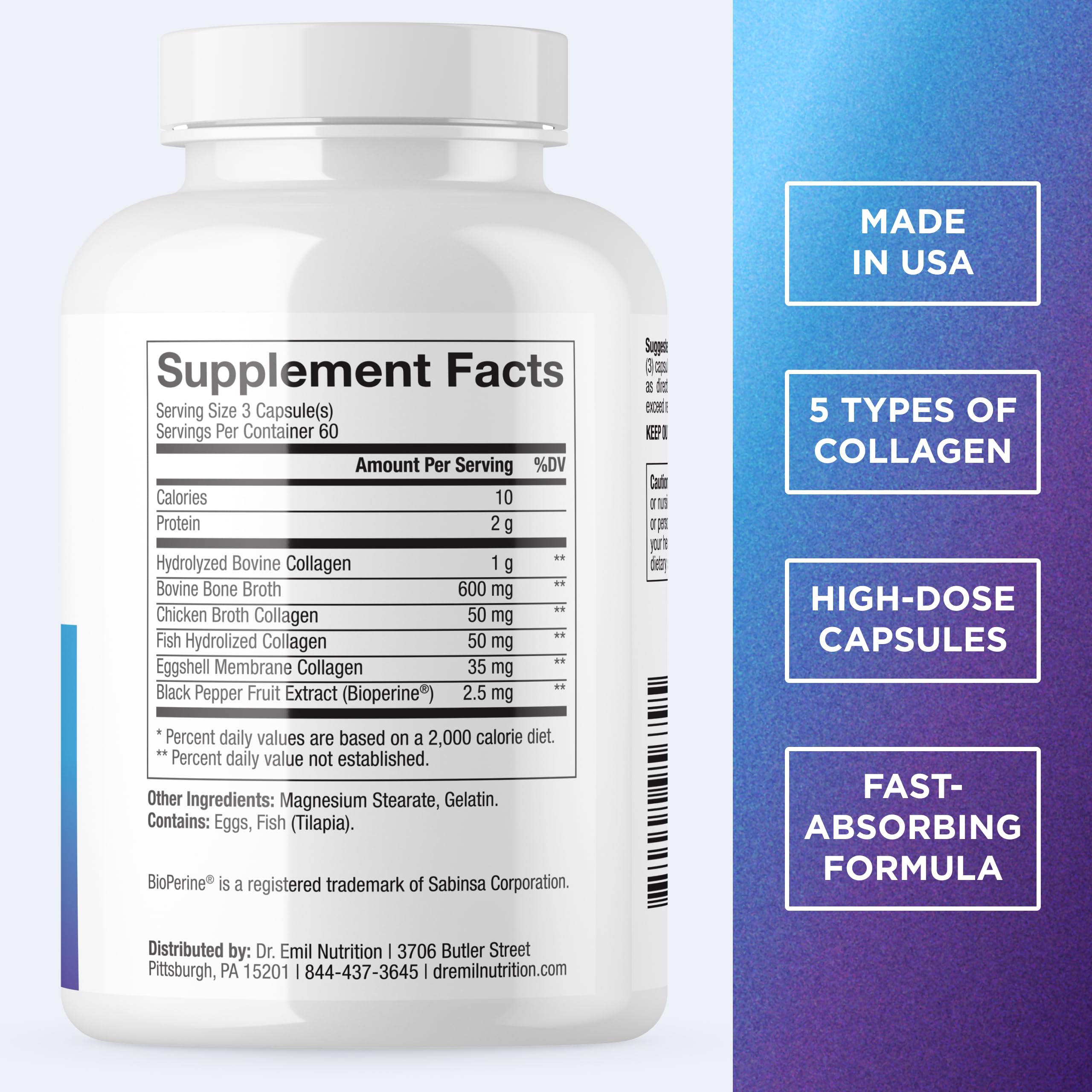 Bottle displaying 180 capsules for Dr. Emil Nutrition Multi Collagen