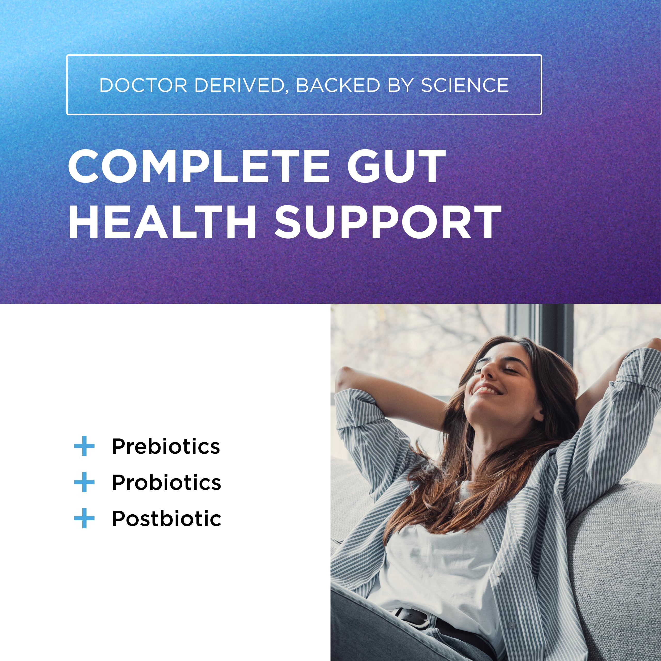 Close-up of Total Gut Health Complex bottle and capsules