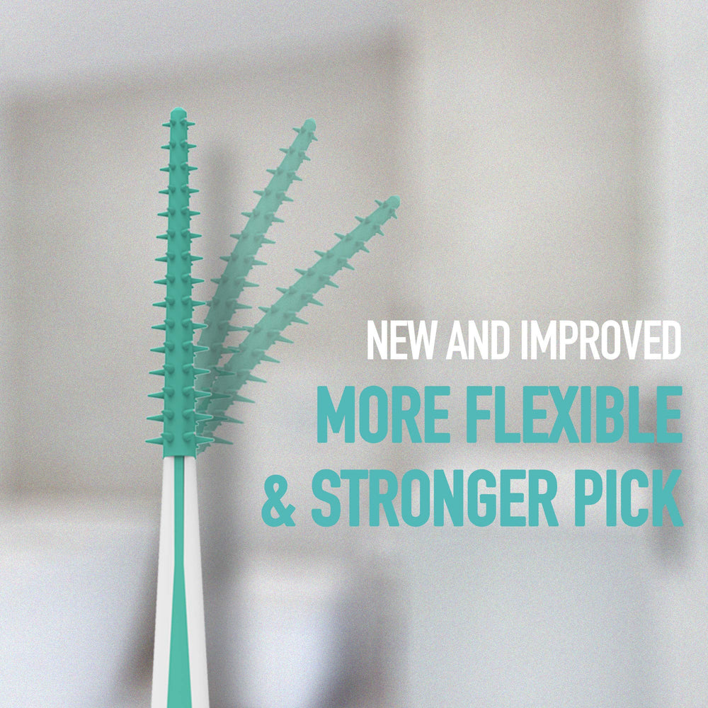 On-the-go case included with mint brush picks