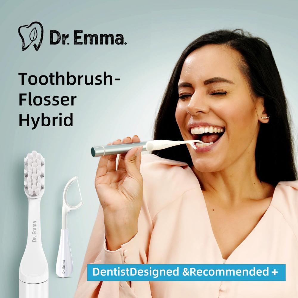 Dr. Emma Babyblue flosser with toothbrush head attached