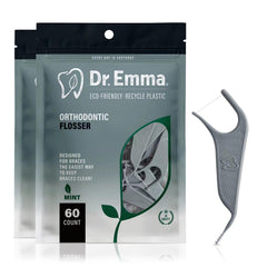 Dr. Emma Orthodontic Flossers for Braces with mint flavor and gray handle, 60 count per bag