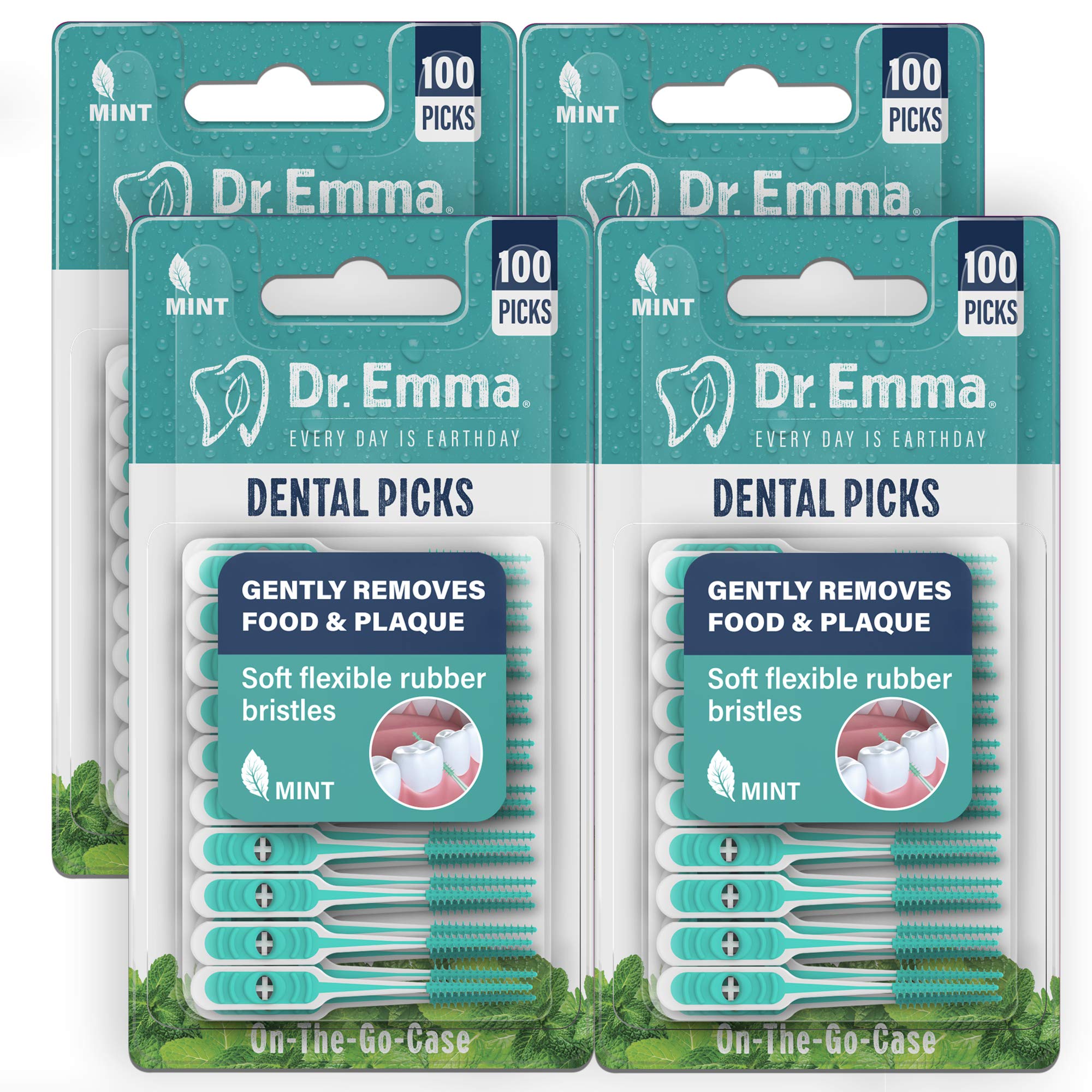 Dr. Emma Mint dental picks box showing 100 count inside a mint-colored packaging