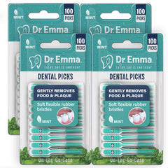 Dr. Emma Mint dental picks box showing 100 count inside a mint-colored packaging