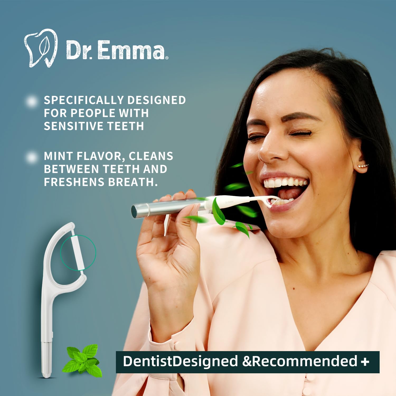 User flossing with Dr. Emma Tape Dental Floss Picks