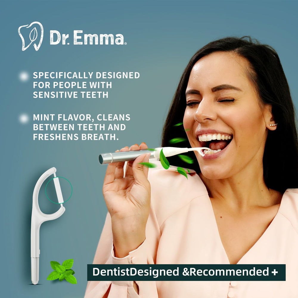 User flossing with Dr. Emma Tape Dental Floss Picks