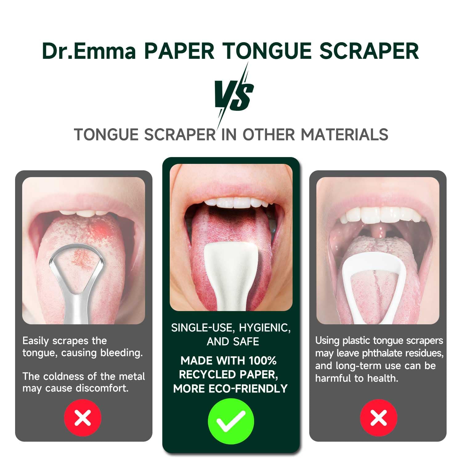 Tongue scraper made from 100% recycled paper with a rounded edge