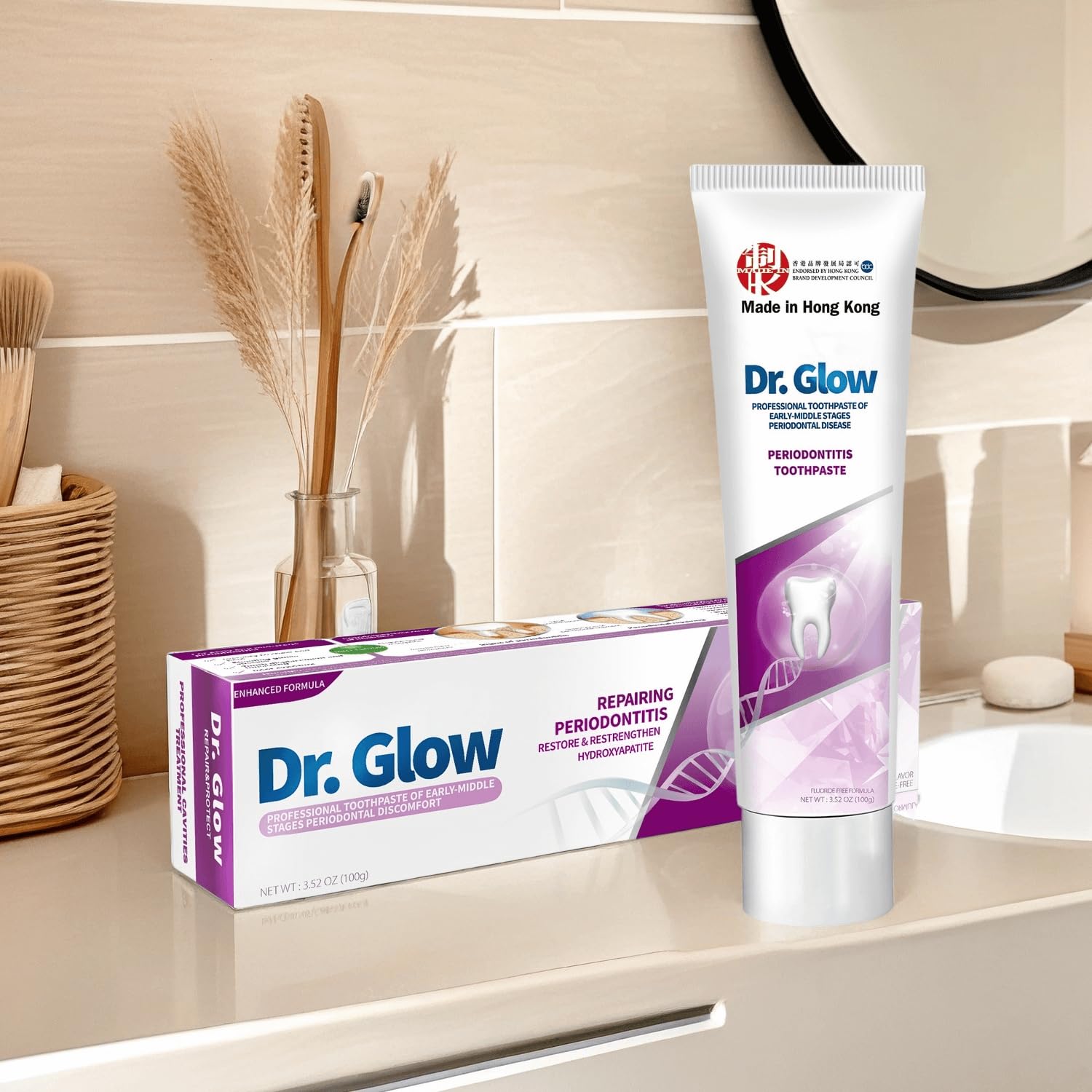 Packaging artwork highlighting gum repair and fresh breath