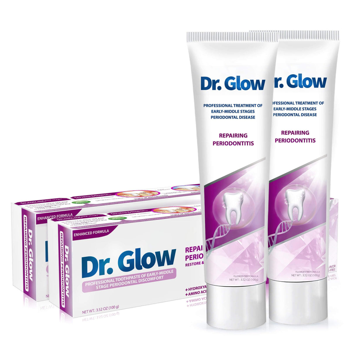 Dr. Glow Gum Repair toothpaste tube targeting gingivitis