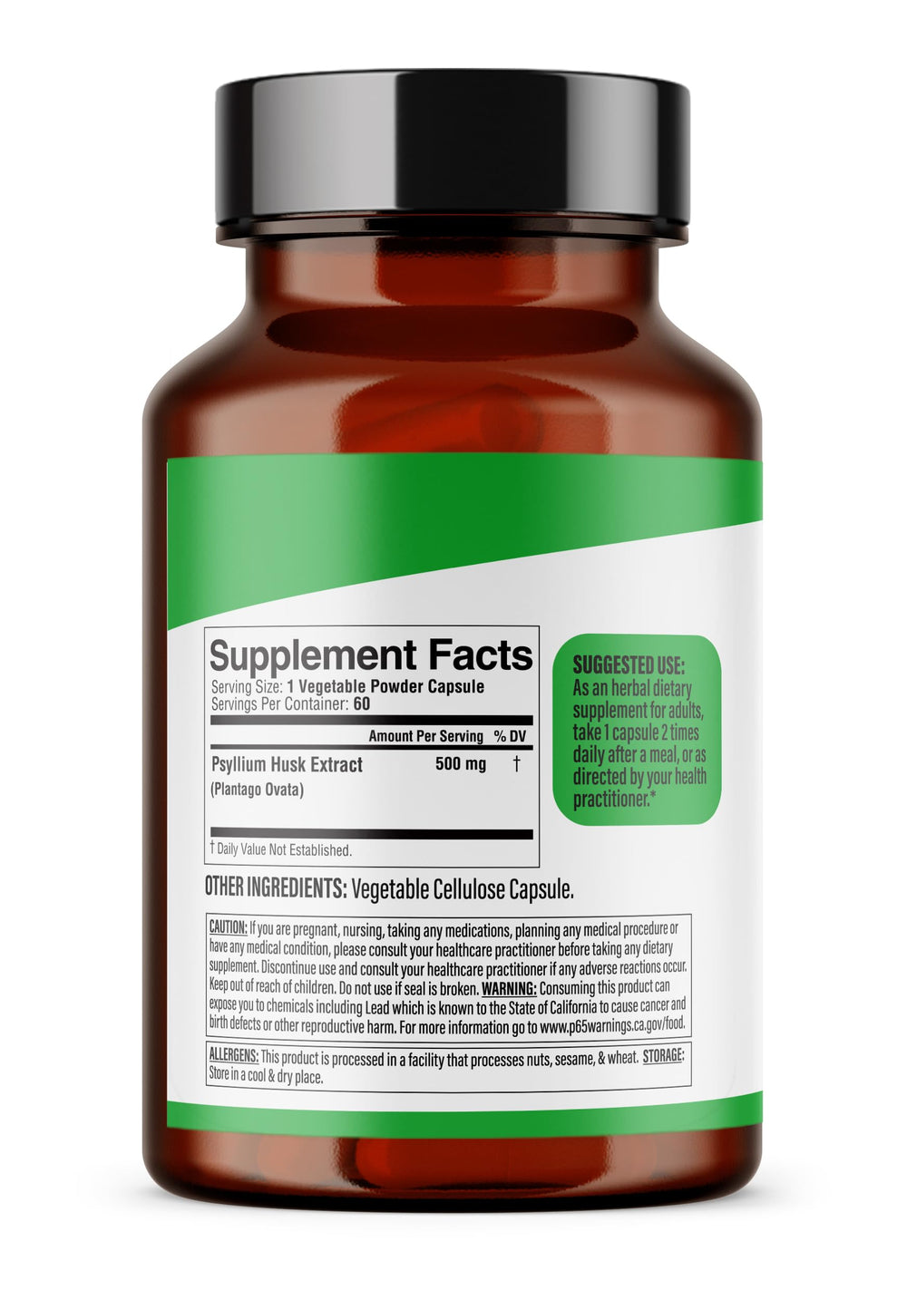 Each capsule contains 500mg psyllium fiber