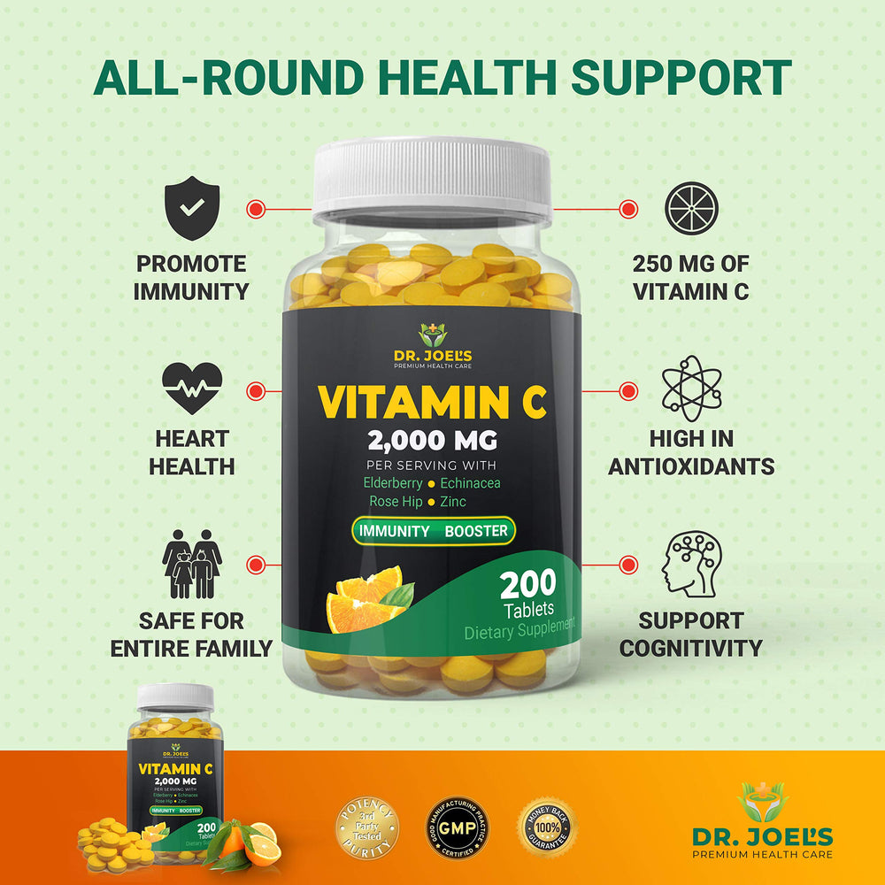 Close-up of the product label on Dr. Joel's Immune Support Vitamin C 2000 mg