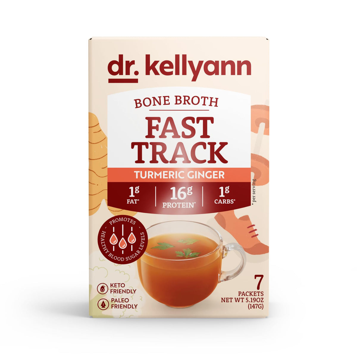 Front of Dr. Kellyann Fast Track Bone Broth Packets box