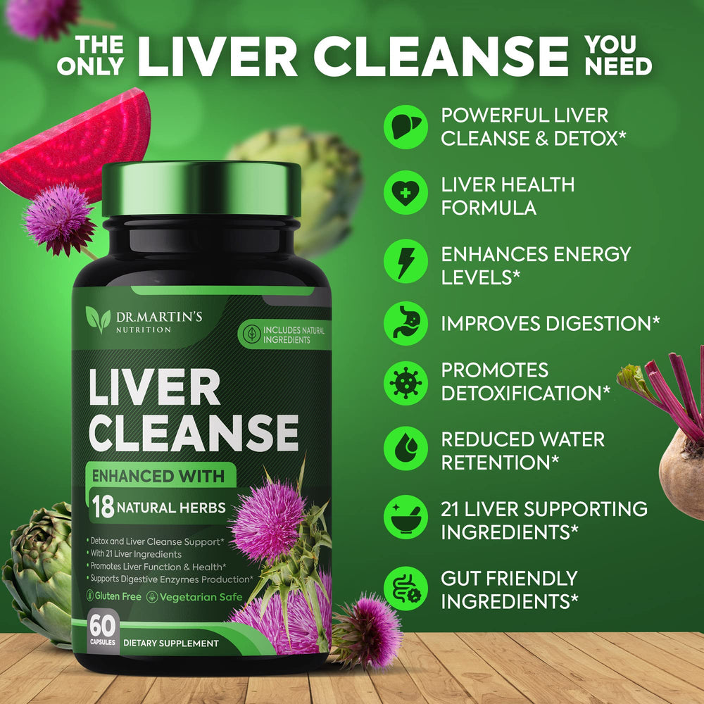 DR. MARTIN'S NUTRITION Liver Cleanse packaging box showing 21 ingredients for comprehensive detox.