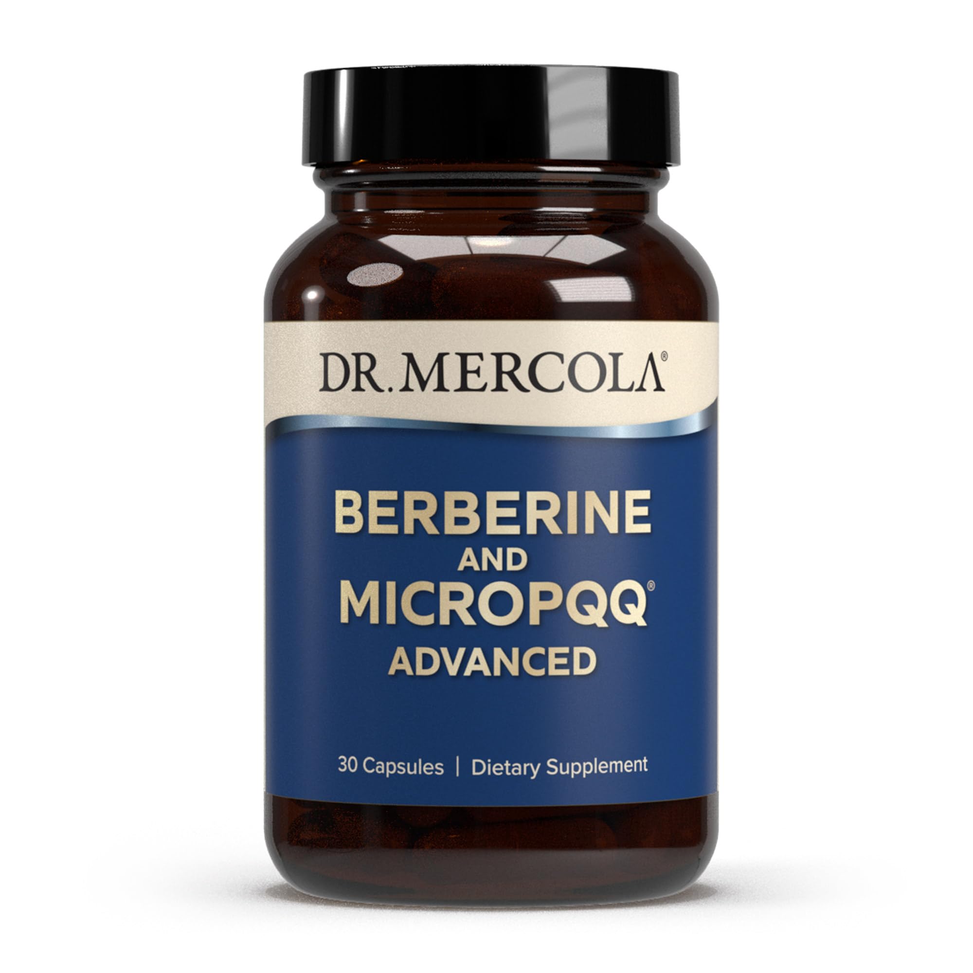 Bottle of Dr. Mercola Berberine and MicroPQQ Advanced capsules