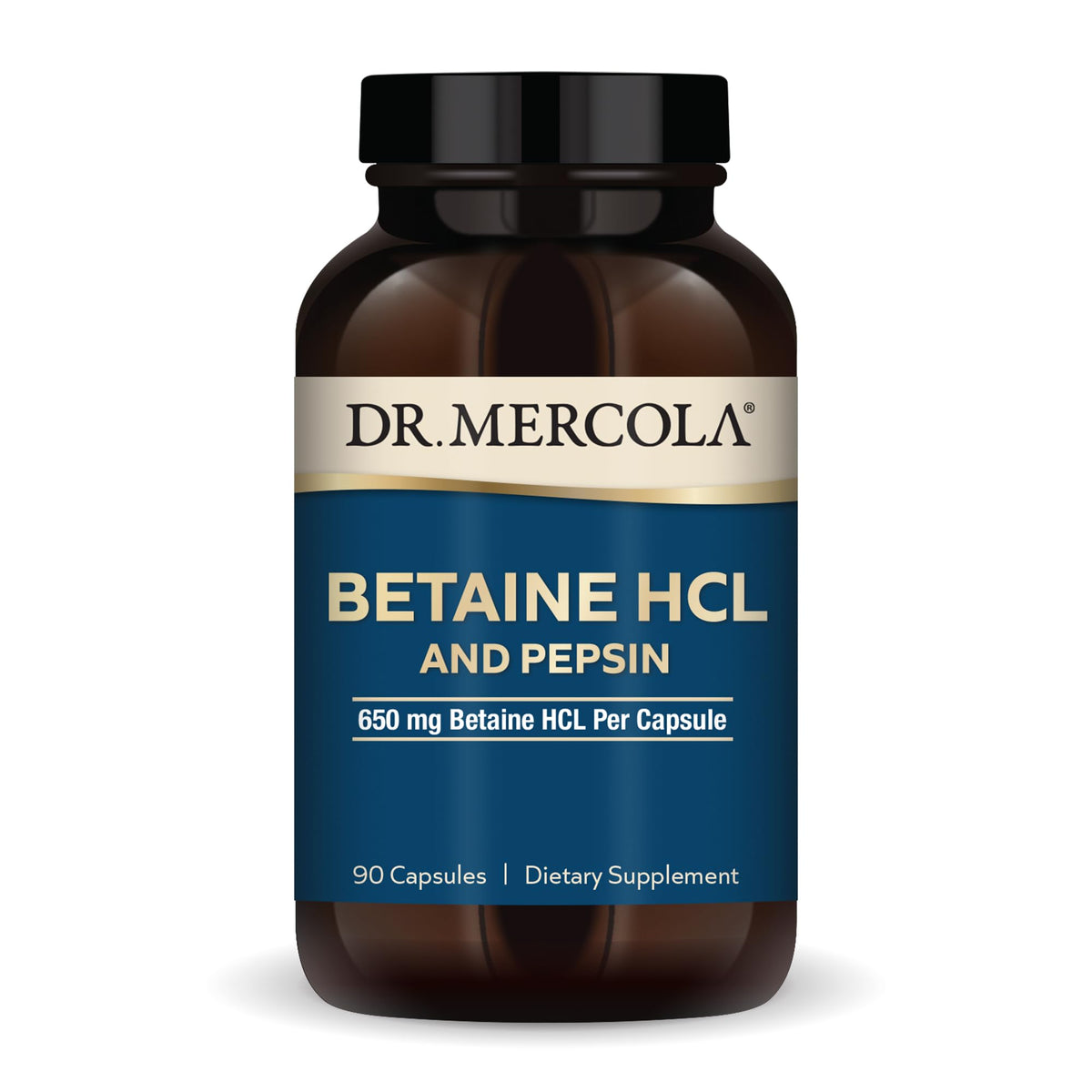 Dr. Mercola Betaine HCL & Pepsin bottle label on white background